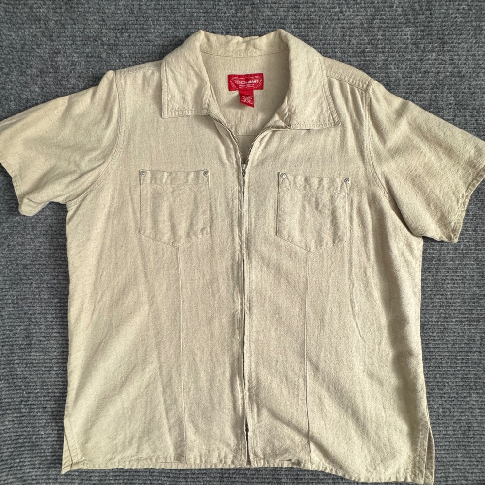 Venezia Jeans Linen Cotton Zip Up Shirt 14/16 Beige Short Sleeve Utility